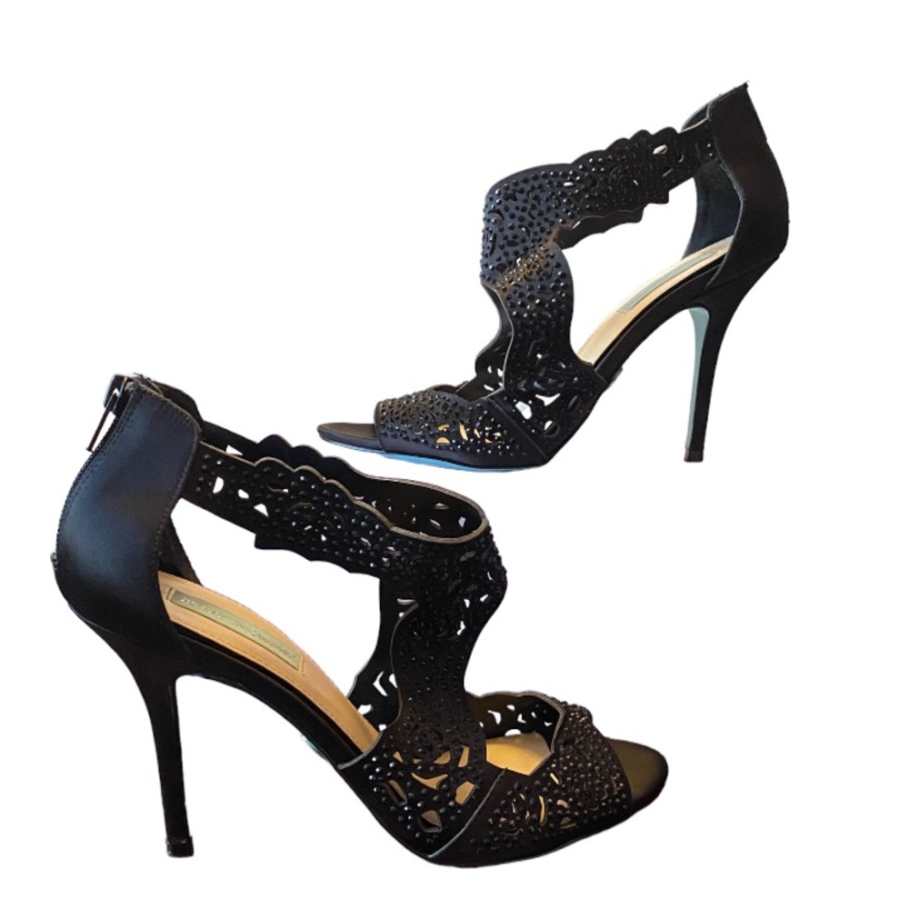 Betsey Johnson Blue Livie heel black satin open toe with rhinestones & cutouts